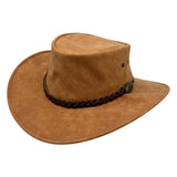 Brown suede hat with braided leather band on a white background