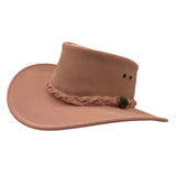 Brown cowboy hat with braided band and decorative button on a white background