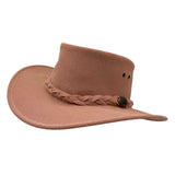 Brown cowboy hat with braided band on a white background