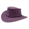 Purple cowboy hat with braided band and button on a white background