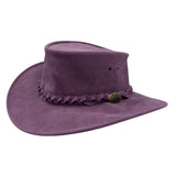 Purple cowboy hat with braided band and button on a white background