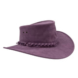 Purple suede hat with braided detail on a white background