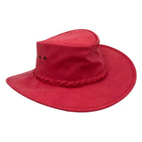 Red hat with a braided band on a white background