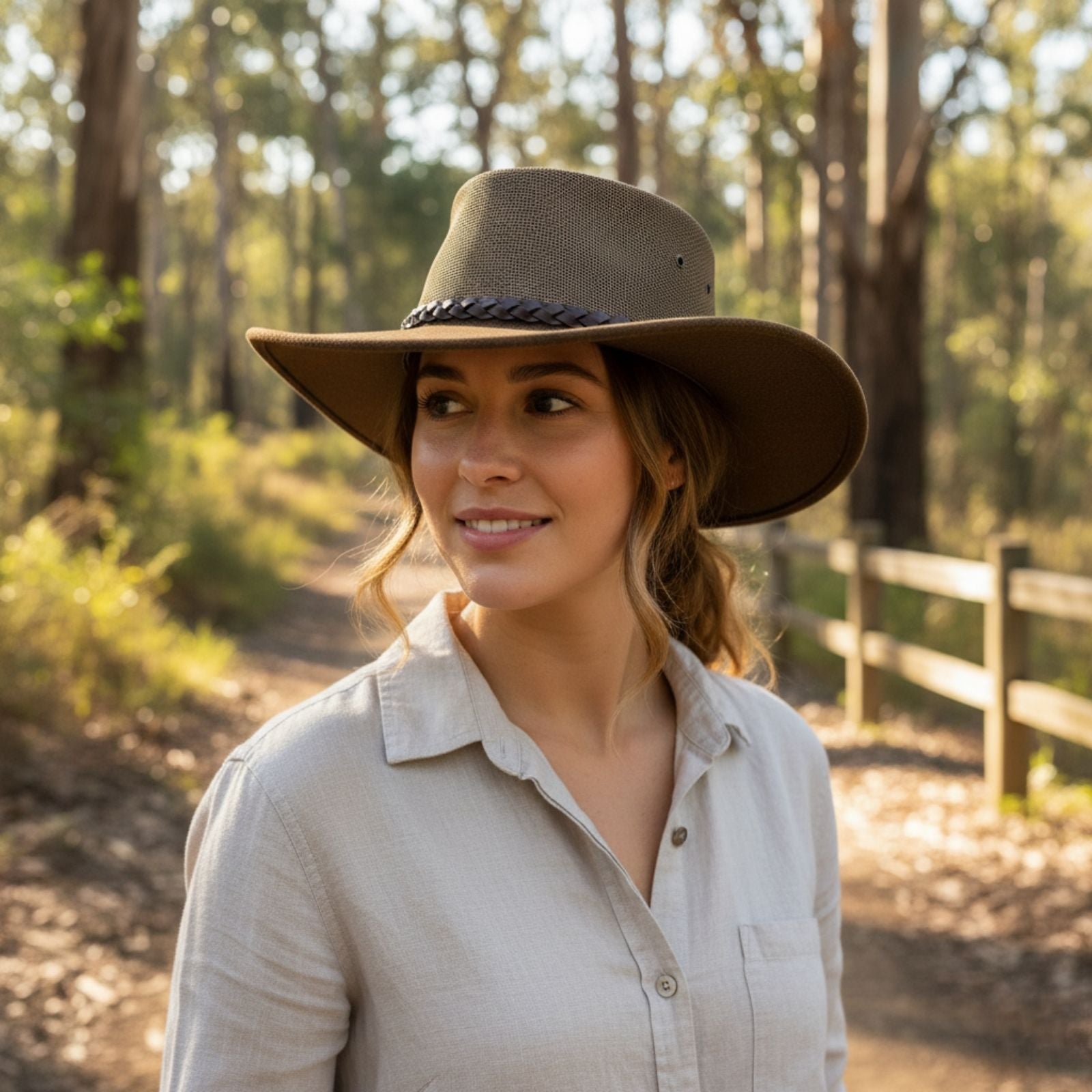 Woman wearing a A brown Jacaru 1066 Rizon Soft Hat in a forest setting