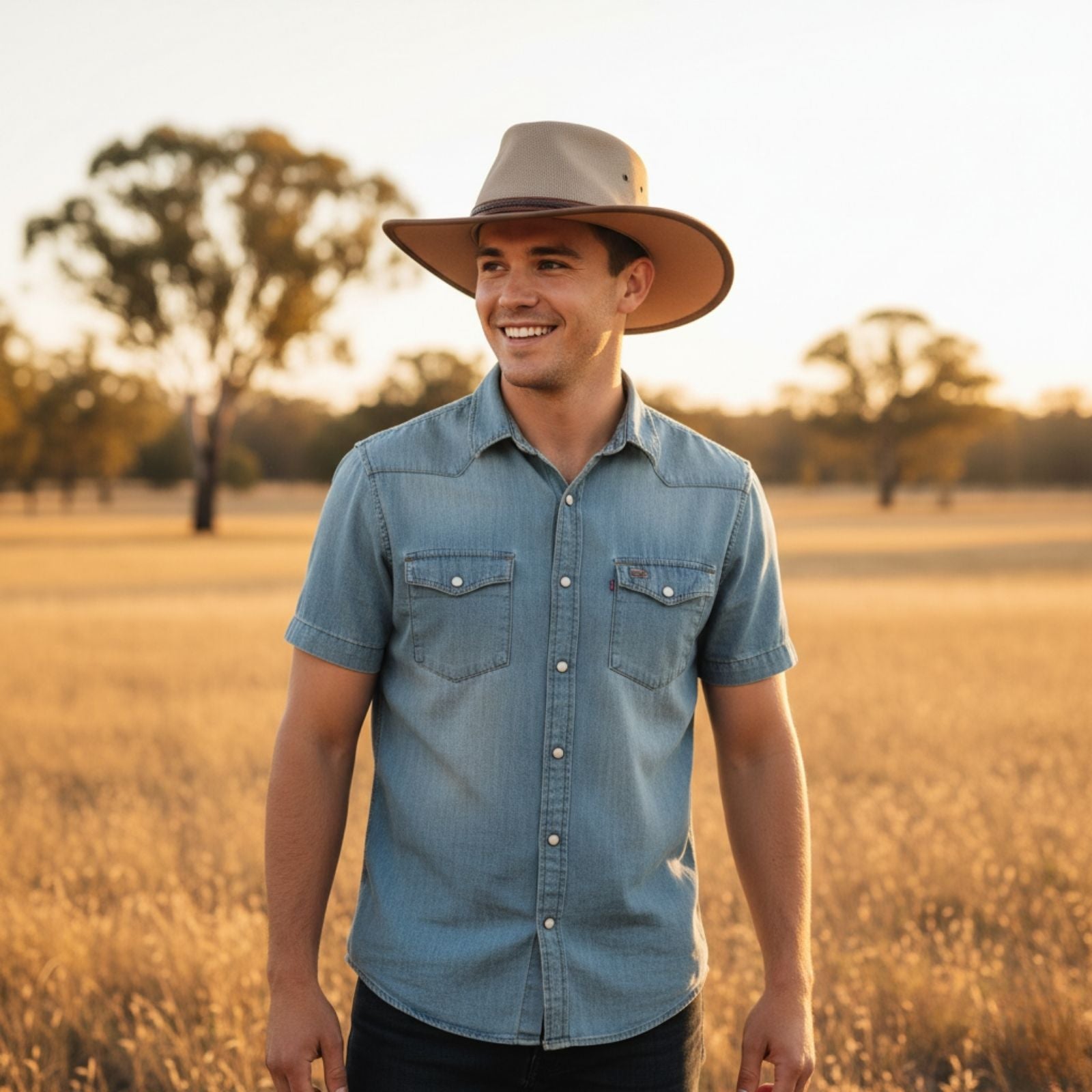 Man wearing a denim shirt and Jacaru Mushroom Safari Hat standing in a field with trees in the background.