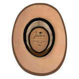 Beige cowboy hat with Jacaru Australia label on a white background