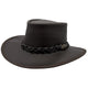 A brown Jacaru 1092 Stockman hat with a braided band and a small Jacaru logo on the front, designed for sun protection.