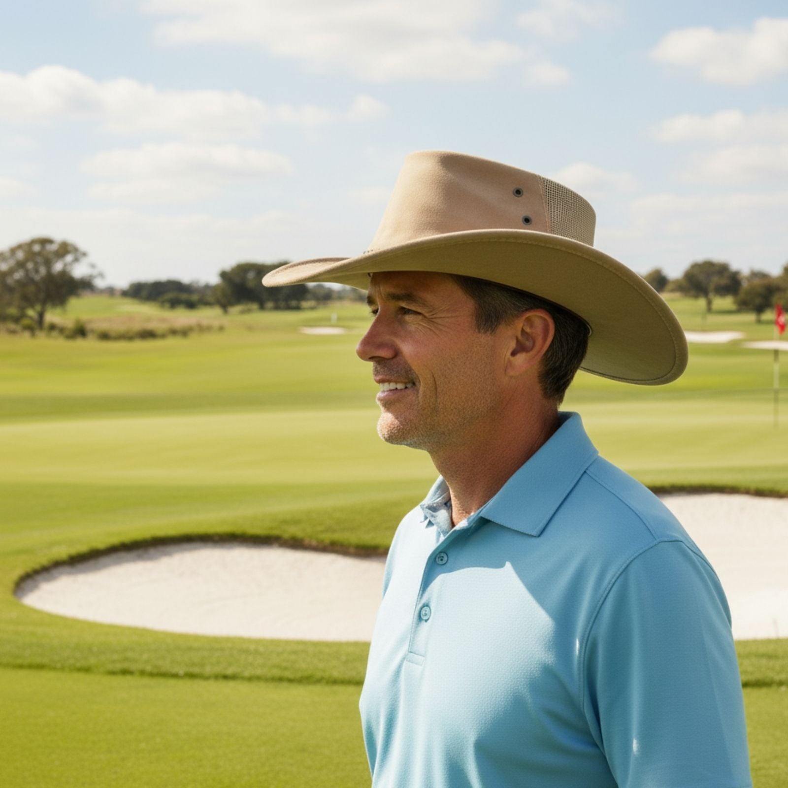 a Man in blue and Jacaru Sand Golfer Hat