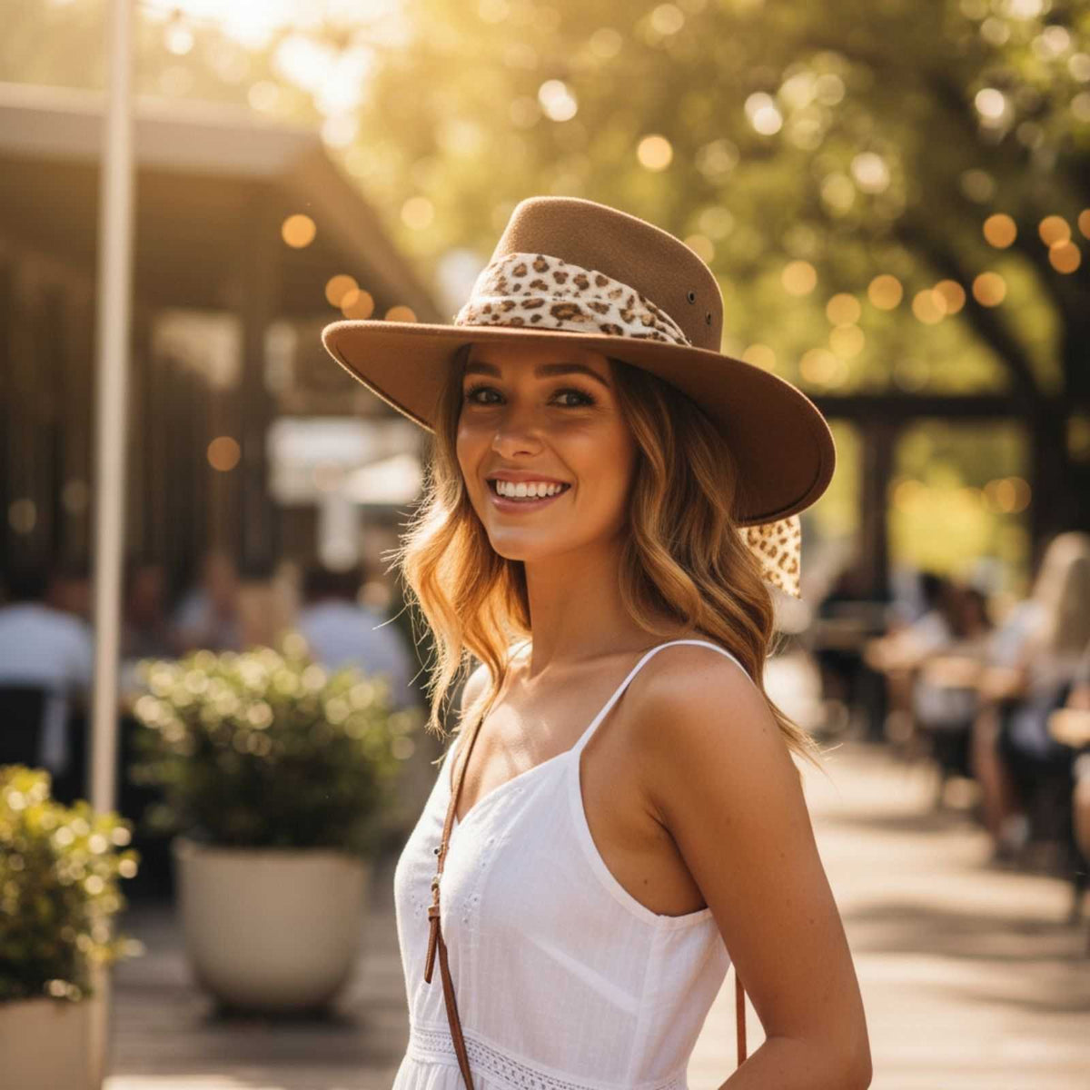 Woman wearing a Jacaru 1103 Alice Hat with a leopard print band, smiling outdoors.