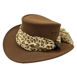 Brown Jacaru 1103 Alice Hatt with a leopard print bandana on a white background