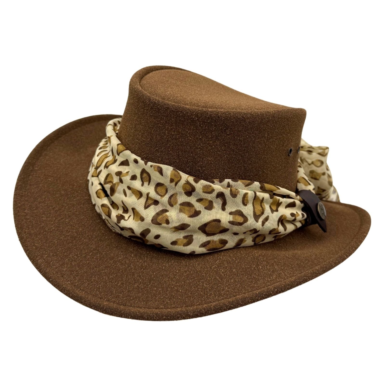 Brown Jacaru 1103 Alice Hatwith a leopard print band on a white background