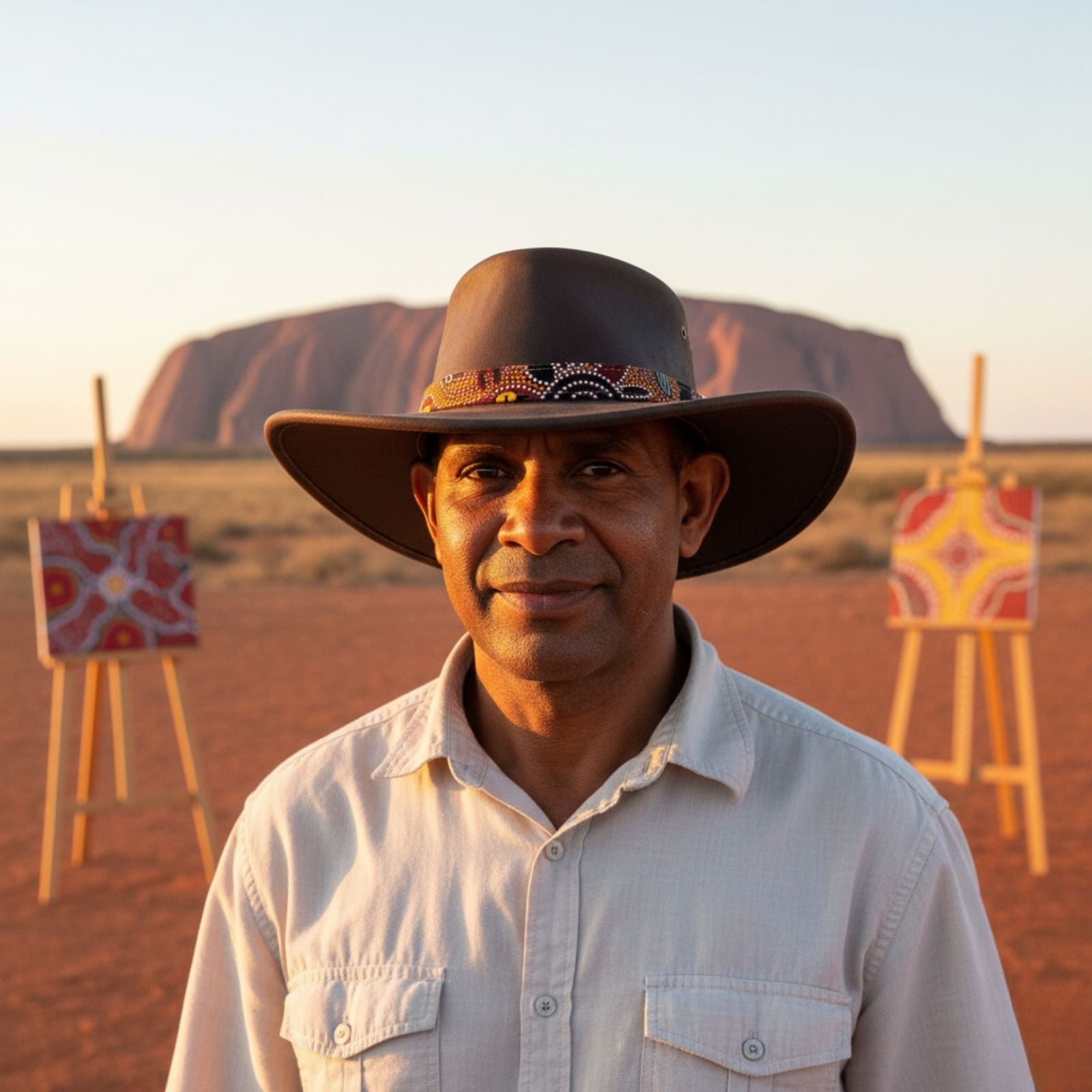 Man wearing a Brown Koori Hat in front of Uluru with artworks in the background