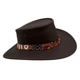 Brown Koori Hat with a decorative band on a white background