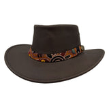 Brown Koori Hat with a decorative band on a white background