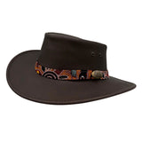 Brown Koori Hat with a decorative band on a white background
