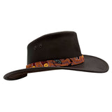Brown Koori Hat with a decorative band on a white background