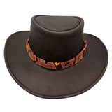 Brown Koori Hat with a decorative beaded band on a white background