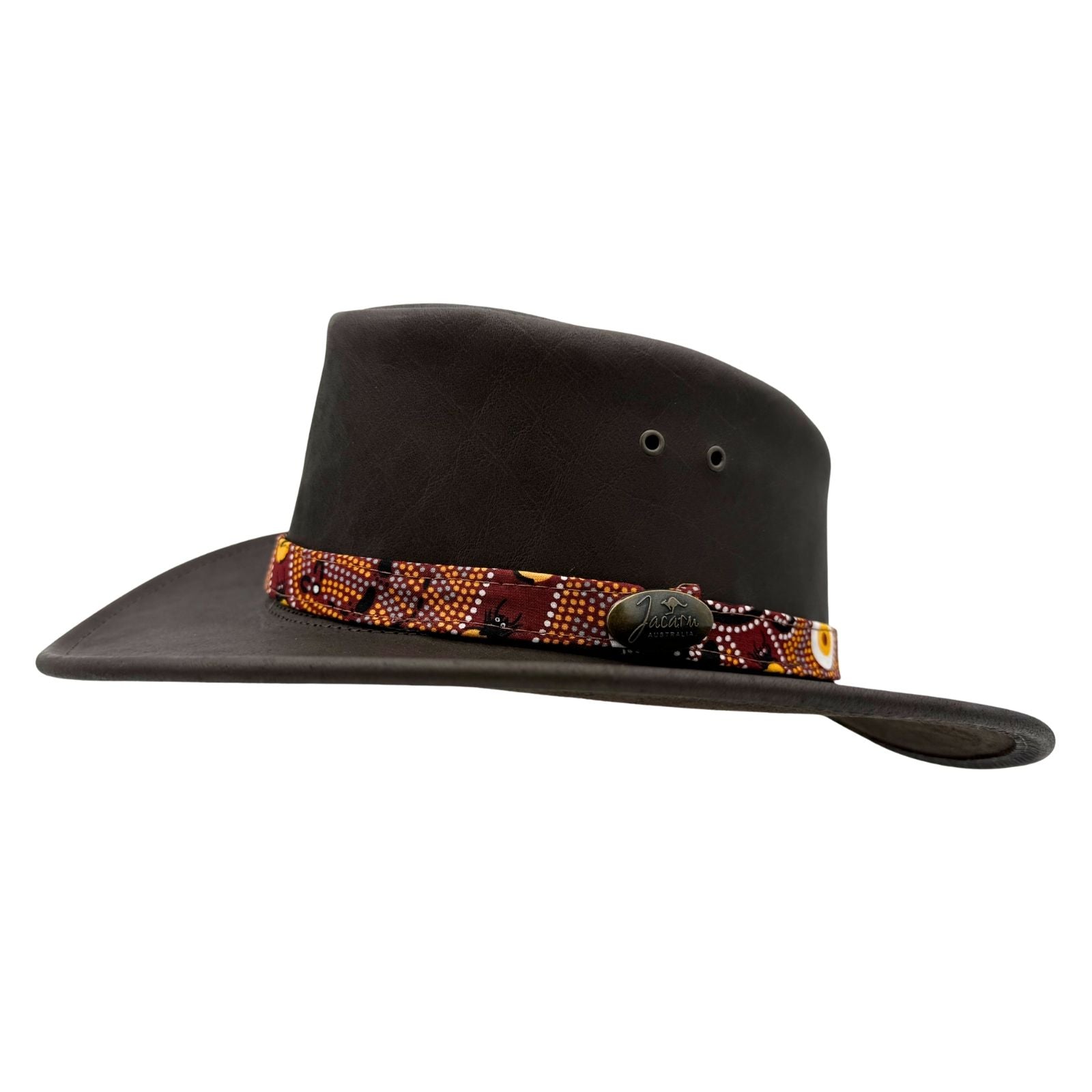 Brown Koori Hat with a patterned band on a white background