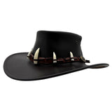 Black leather Croc Hunter Hat with decorative elements on a white background