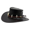 Black leather Croc Hunter Hat with decorative elements on a white background