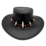 Black leather Croc Hunter Hat with decorative elements on a white background