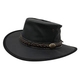 Black hat with a braided leather band on a white background