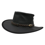 Black leather hat with braided band and decorative buckle on a white background