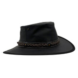 Black wide-brimmed hat with a braided leather band on a white background