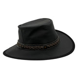 Black wide-brimmed hat with braided band on a white background