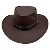 Brown leather hat with a braided band on a white background
