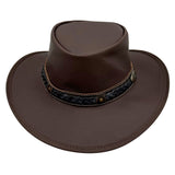 Brown leather hat with a braided band on a white background