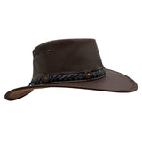 Brown leather hat with a decorative band on a white background