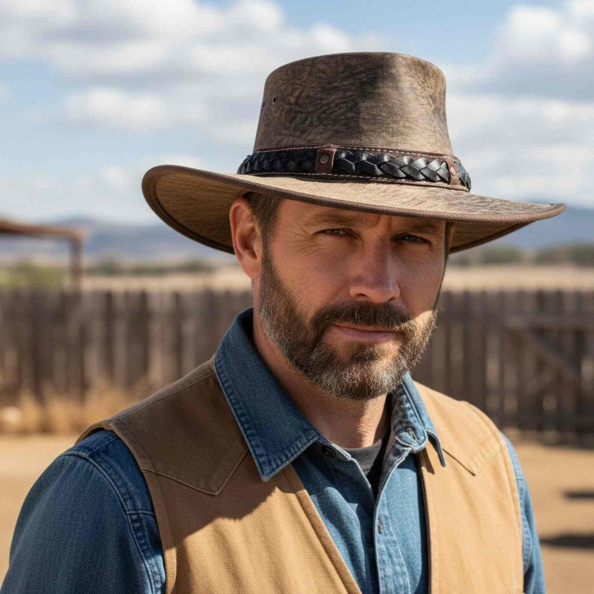 Man wearing a Roo Nomad Traveller Hat Stonewash brown and vest in a desert setting