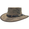 A Roo Nomad Traveller Hat Stonewash Brown with a foldable brim and a decorative band, displayed against a plain background.