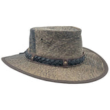 A Roo Nomad Traveller Hat Stonewash Brown with a foldable brim and a decorative band, displayed against a plain background.