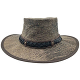 A Roo Nomad Traveller Hat Stonewash Brown with a foldable brim and a decorative band, displayed against a plain background.