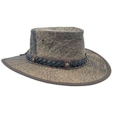 A Roo Nomad Traveller Hat Stonewash Brown with a foldable brim and a decorative band, displayed against a plain background.