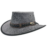 A Roo Nomad Traveller Hat Stonewash Gray with a foldable brim and a decorative band, displayed against a plain background.