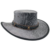 A Roo Nomad Traveller Hat Stonewash Gray with a foldable brim and a decorative band, displayed against a plain background.