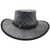 A Roo Nomad Traveller Hat Stonewash Gray with a foldable brim and a decorative band, displayed against a plain background.