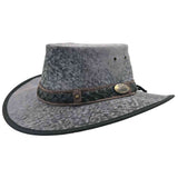 A Roo Nomad Traveller Hat Stonewash Gray with a foldable brim and a decorative band, displayed against a plain background.