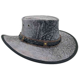 A Roo Nomad Traveller Hat Stonewash Gray with a foldable brim and a decorative band, displayed against a plain background.