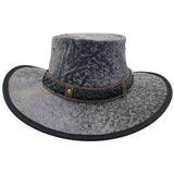 A Roo Nomad Traveller Hat Stonewash Gray with a foldable brim and a decorative band, displayed against a plain background.