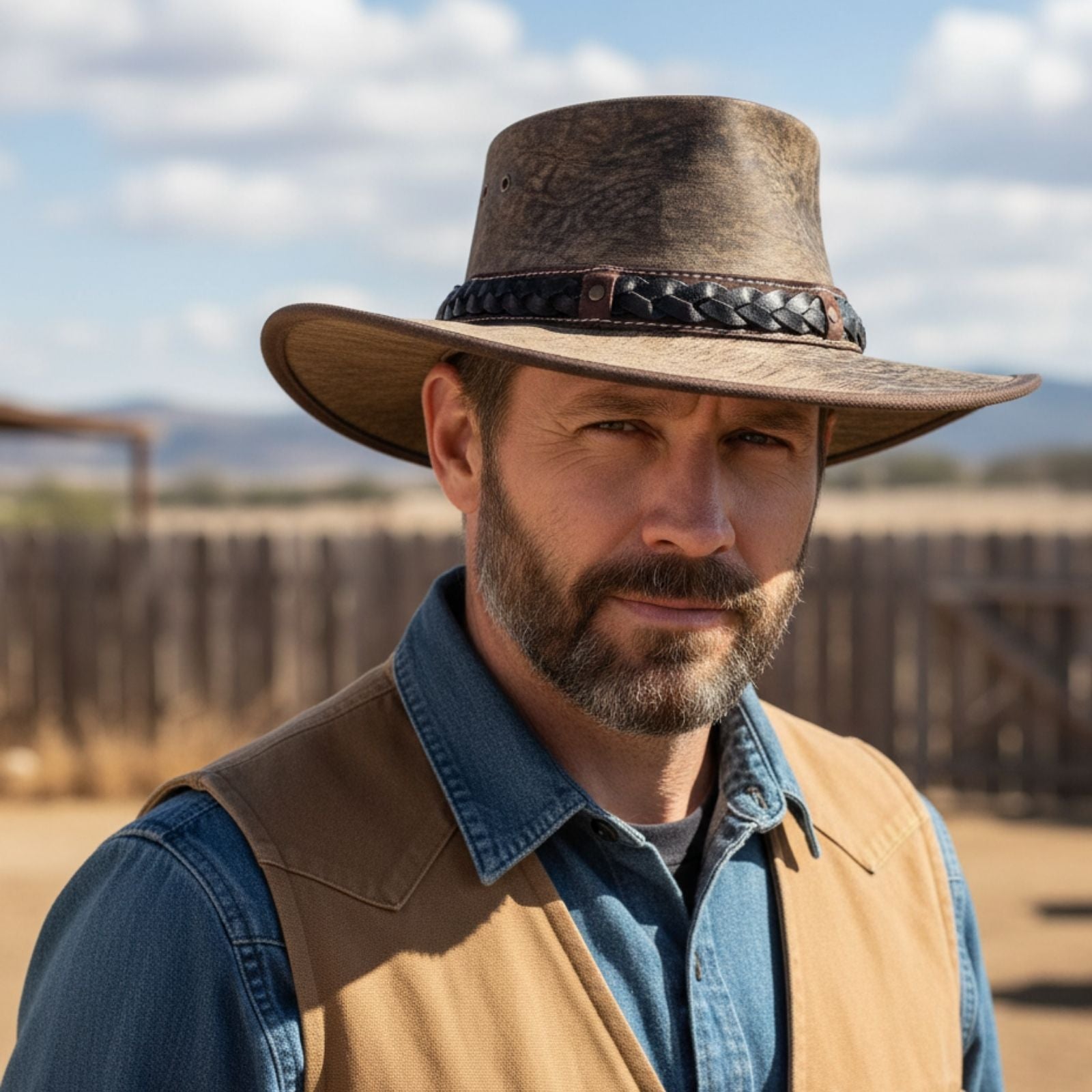 Man wearing a Roo Nomad Traveller Hat Stonewash brown and vest in a desert setting
