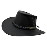 Black Jacaru 1150 Kangaroo Breeze Hat with braided band on a white background