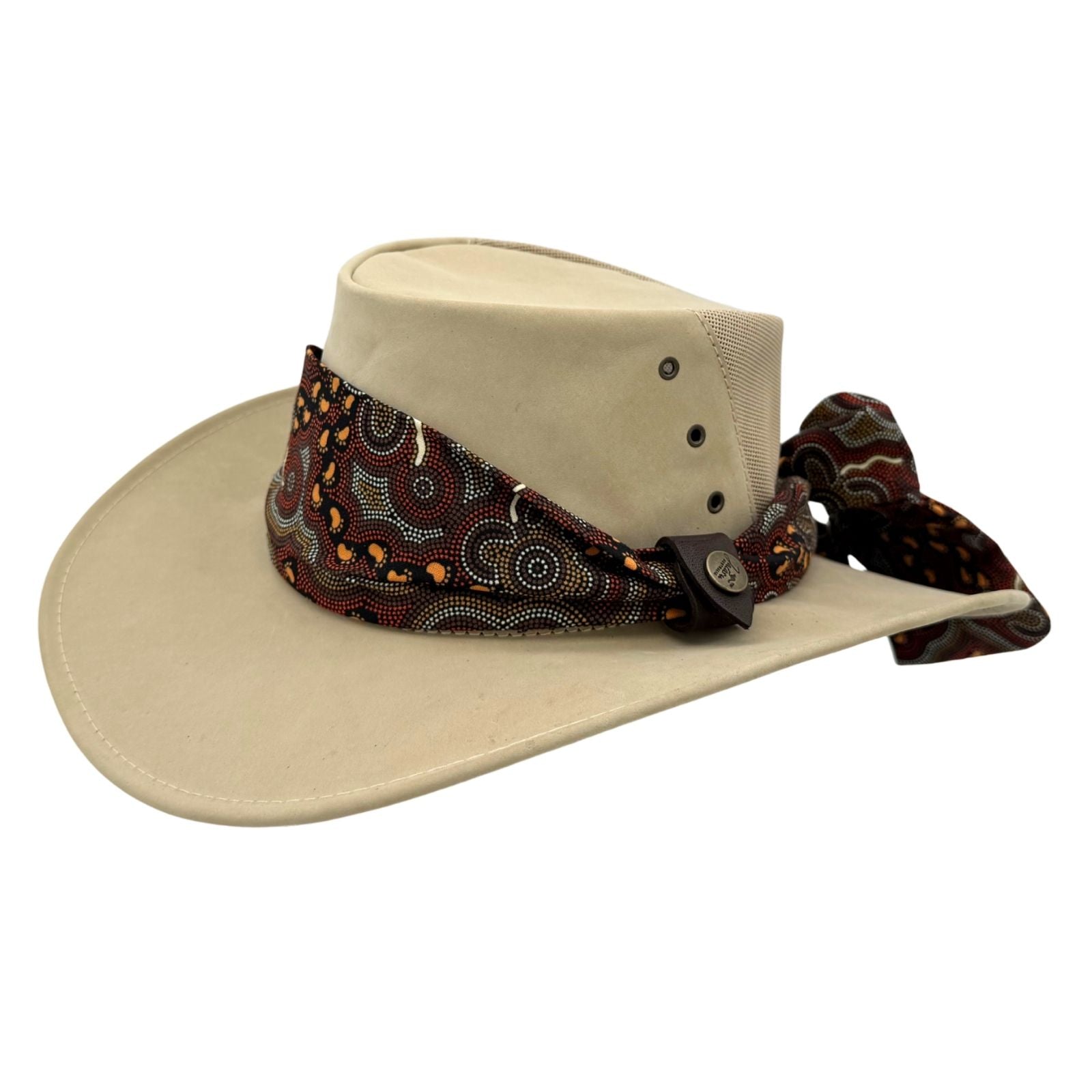 sand Kangaroo Ladies Breeze Hat with a patterned band on a white background