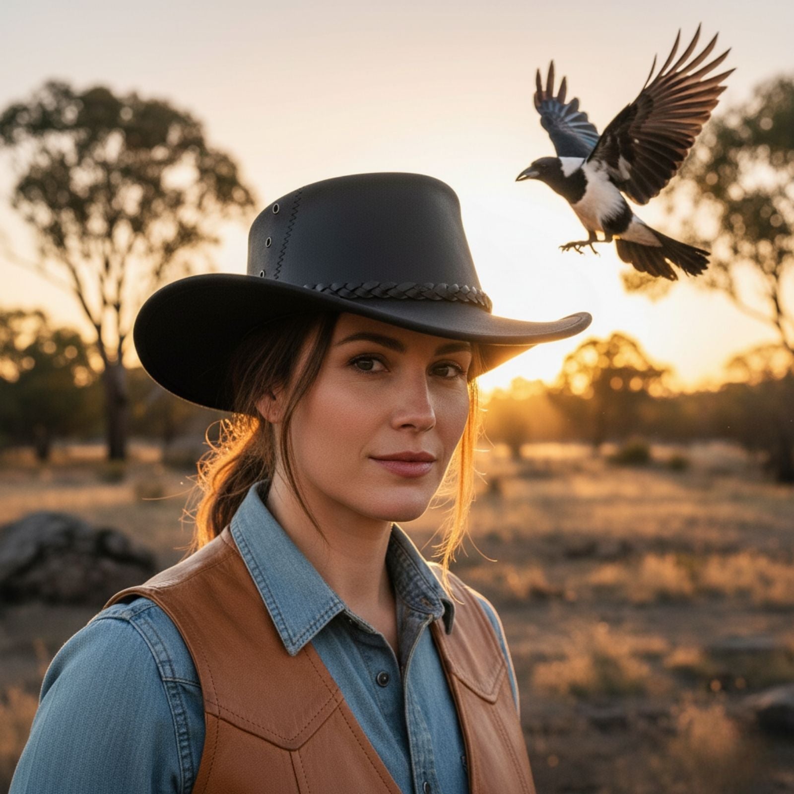 Woman wearing a Black Magpie Hat with a bird flying above her in a natural setting.