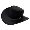 Black Magpie Hat with a leather band and decorative buckle on a white background