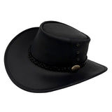 Black Magpie Hat with a leather band and decorative buckle on a white background