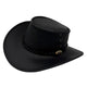 Black Magpie Hat with a leather band and decorative buckle on a white background